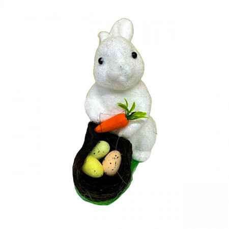 Decoratiune pentru Paste, iepuras alb, cosulet cu oua si morcov, 17cm x 15cm