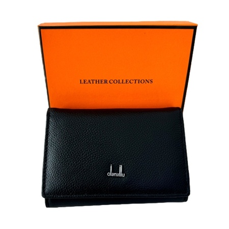 Portofel dama Leather Collections din piele naturala, in cutie orange, 10x13 cm, Negru