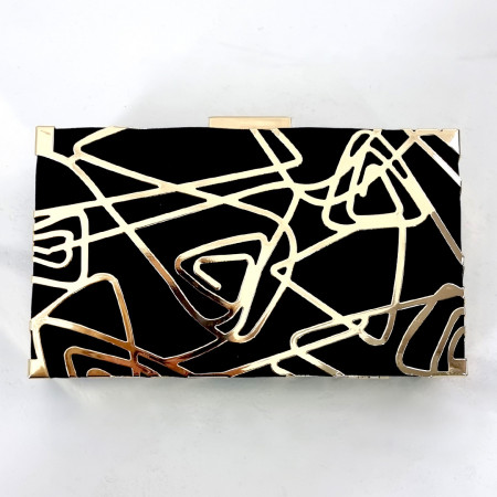 Poseta eleganta tip plic Melba, cu design abstract, inchidere superioara si lant detasabil, Negru/Auriu