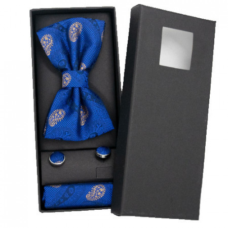 Set 3 piese Mistery, pentru barbati, papion, buton si batista din stofa, albastru-auriu, MS015
