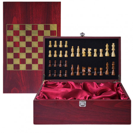 Set cadou King, cutie din lemn cu piese de sah si 2 compartimente pentru sticla de vin, 36 x 21 cm
