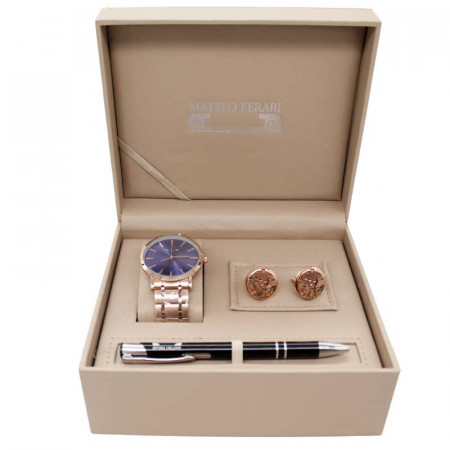Set cadou pentru barbati trei piese, Matteo, cutie eleganta cu ceas, butoni si pix metalic, Rose gold