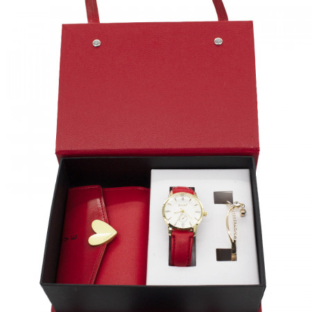 Set cadou pentru femei JESOU COLLECTION, cutie cu trei articole practice, ceas dama, portofel si bratara 19x14cm, Rosu