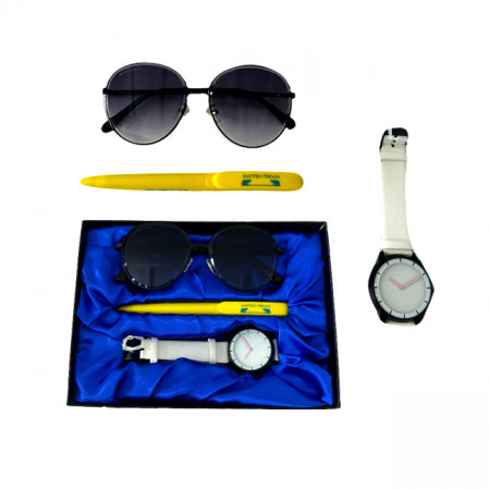 Set cadou pentru femei MATTEO FERARI, cutie cu trei articole practice, ceas dama, ochelari de soare si pix 20.5x15cm, Alb