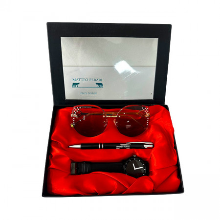 Set cadou pentru femei MATTEO FERARI, cutie cu trei articole practice, ceas dama, ochelari de soare si pix 20.5x15cm, Negru
