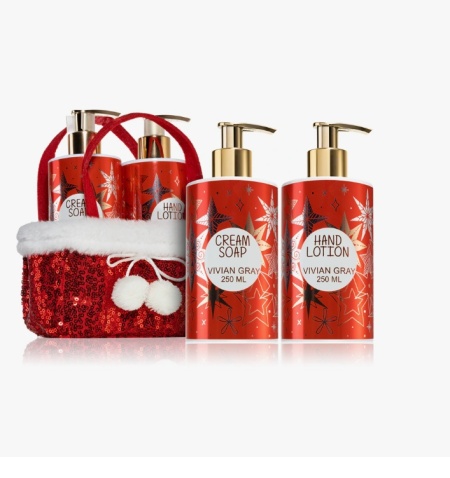 Set Vivian Gray Red Glitters X-Ma, in cosulet textil, imprimeu sarbatori, cu Sapun lichid crema 250 ml si Crema de maini 250 ml