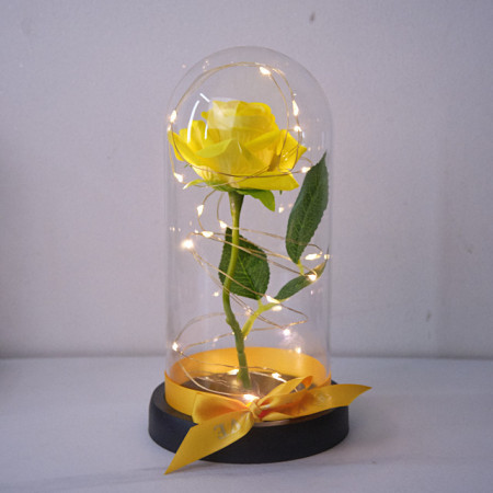 Trandafir artizanal in cupola, pe blat negru, LED, Galben