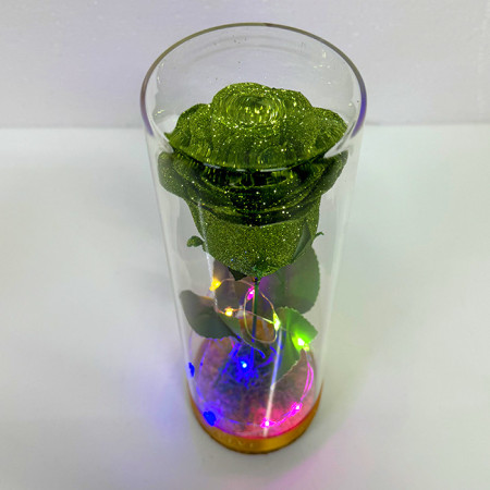 Trandafir de sapun cu sclipici, in cupola de sticla cu led, Verde