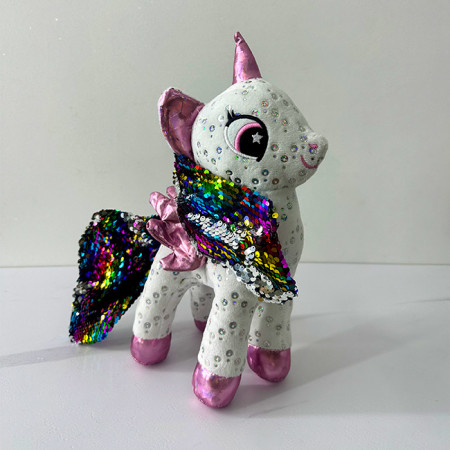 Unicorn de plus Sparkle Pony, cu paiete multicolore, Inaltime 32 cm, Alb