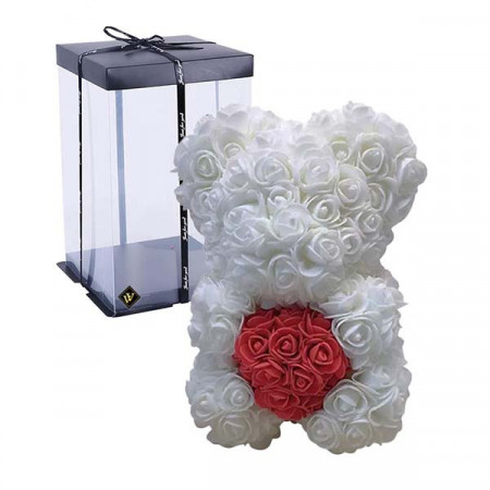 Ursulet floral alb cu inima rosie, din Trandafiri 25 cm, decorat manual, cutie cadou