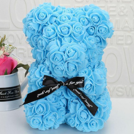 Ursulet floral din Trandafiri 25 cm, decorat manual, cutie cadou, blue