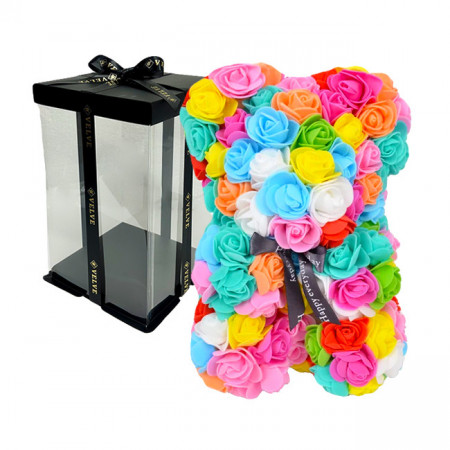 Ursulet floral multicolor din Trandafiri 25 cm, decorat manual, cutie cadou