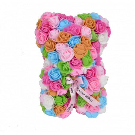 Ursulet floral multicolor din Trandafiri 25 cm, decorat manual, cutie cadou, roz -somon- albastru
