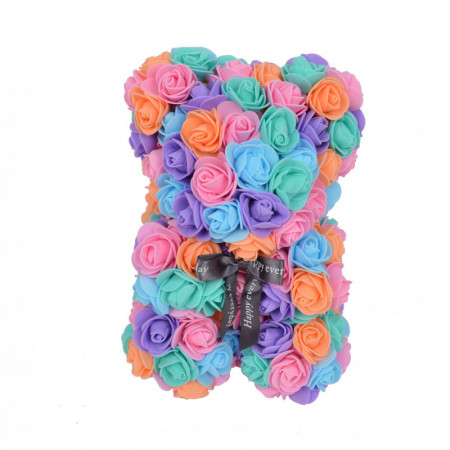 Ursulet floral multicolor din Trandafiri 25 cm, decorat manual, cutie cadou, roz-mov-albastru