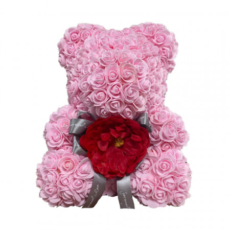 Ursulet floral roz cu bujor rosu 40 cm, decorat manual, cutie cadou