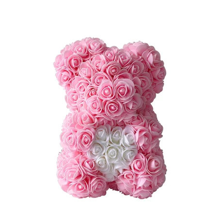 Ursulet floral roz cu inima alba din Trandafiri 25 cm, decorat manual, cutie cadou