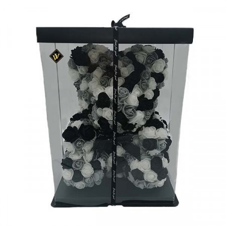 Ursulet Floral Triple color din Trandafiri spuma in cutie cadou, 40 cm, negru- alb- gri