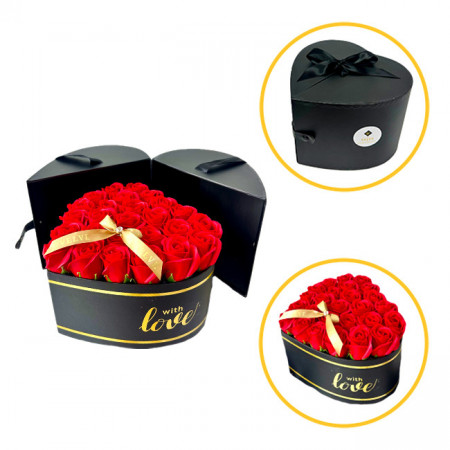 Aranjament floral cu trandafiri de sapun in cutie neagra cadou cu funda, Rosu