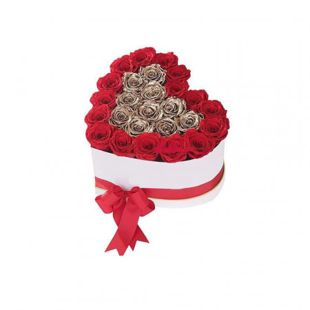 Aranjament floral inima cu trandafiri de sapun Gold Lux, auriu cu margini rosii