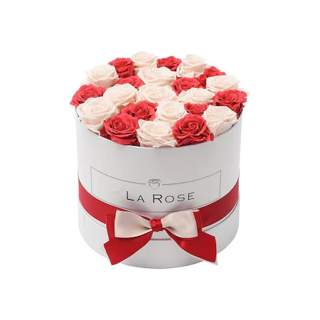 Aranjament floral Trandafiri parfumati, spuma de sapun, rosii si roz, in cutie alba Luxury