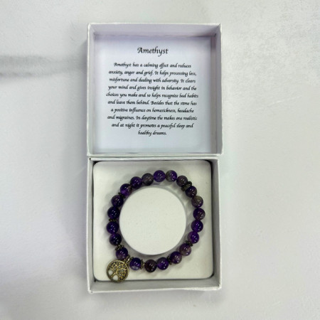 Brățară Amethyst, din pietre semiprețioase și charm cu copacul vieții, in cutie cadou, Mov