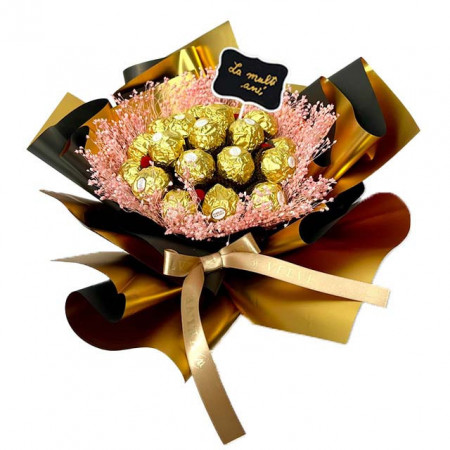 Buchet cadou Delice, cu pancarta si text "La Multi Ani!", 19 praline Ferrero și broom natural criogenat