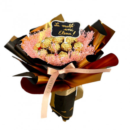Buchet cadou Delice, cu pancarta si text "La Multi Ani, Elena!", 19 praline Ferrero și broom natural criogenat