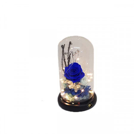 Buchet de trandafiri criogenati in cupola de sticla cu LED, albastru - blue, 21X12