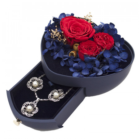 Cutie pentru bijuterii My Heart cu flori criogenate, cu set cercei si lantisor, bleumarin
