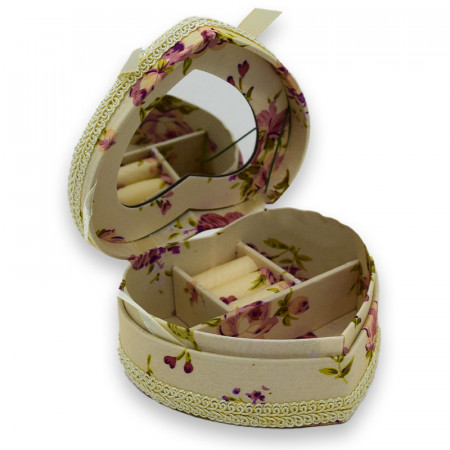 Cutiuta pentru bijuterii Mishela, cu design floral si oglinda, in forma de inima
