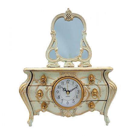 Decoratiune ceas, in forma de masa de toaleta cu oglinda si sase sertare, vintage, Crem, 23x33cm