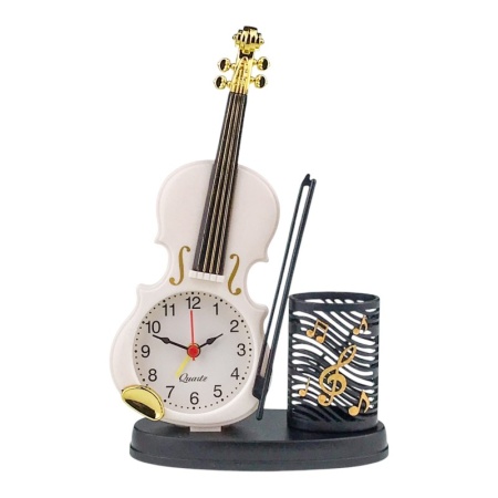 Decoratiune pentru birou, Ceas Analog, aspect Vioara si Suport Pix, Alb, 14x22 cm