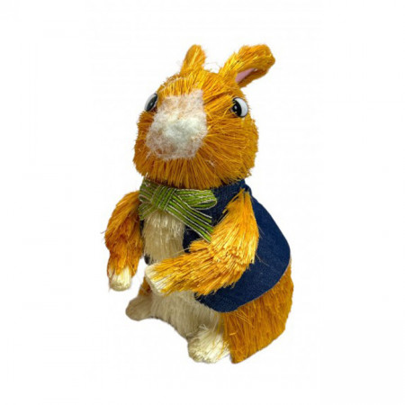 Figurina decorativa din paie, Iepuras Eric, cu vestuta si papion, 21 cm, Albastru
