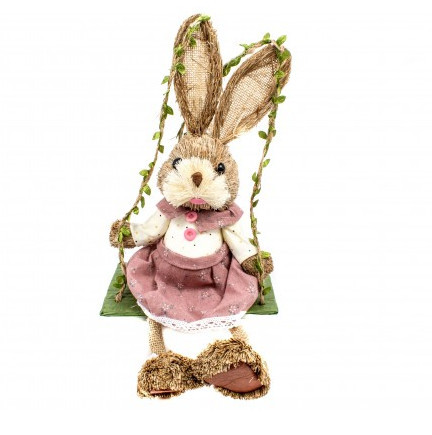 Figurina decorativa din paie Iepuras pe leagan, Roz
