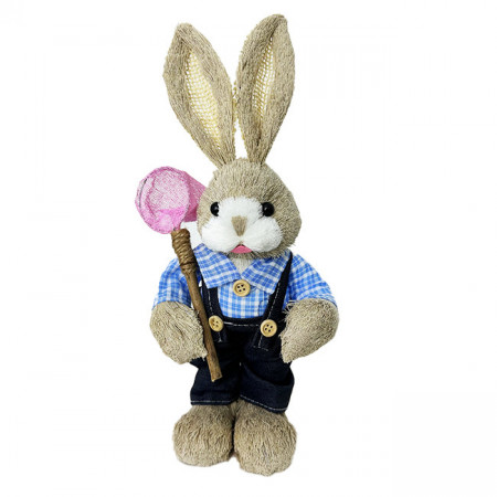 Figurina decorativa din paie, Iepuras Yvan, cu salopeta si accesoriu pentru fluturi, 33 cm, Albastru