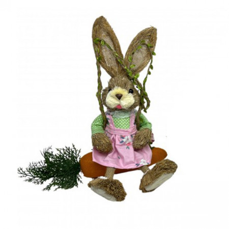 Figurina decorativa din paie, Iepuras Yza pe leagan cu aspect de morcov, 30 cm, Roz/Verde