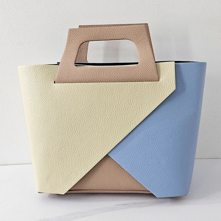 Geanta dama din piele naturala texturata Chest, cu borseta detasabila, Crem/Blue
