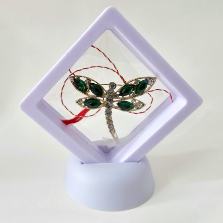 Martisor libelula brosa Serene Flight, cu cristale artizanale si snur, in suport elegant, Verde