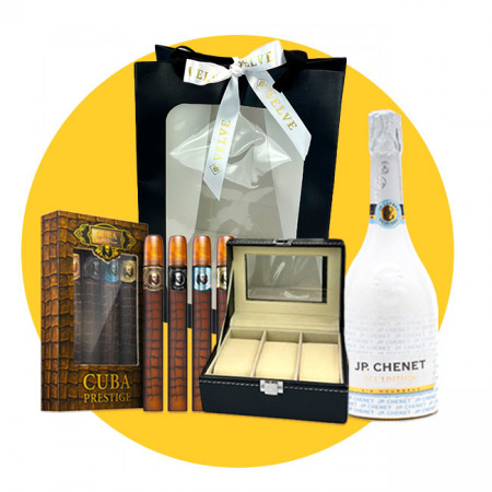 Pachet GiftDay pentru barbati, vin spumant JP Chenet Ice Edition 750ml, cutie pentru ceasuri si set de 4 parfumuri Cuba Original, in punga cadou