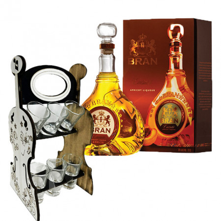 Pachet Minibar, Bran Caisata 30%vol. 0.7L si suport din lemn in forma de vioara, pictat cu note muzicale si sase pahare