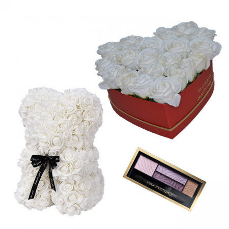Set Cadou, Aranjament floral cutie inima rosie cu trandafiri albi de sapun, Ursulet floral Alb 25cm si Paleta fard