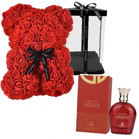 Set cadou fete, Ursulet floral din spuma, rosu 25 cm si Parfum Grandeur Elite Profond Desire 100ml