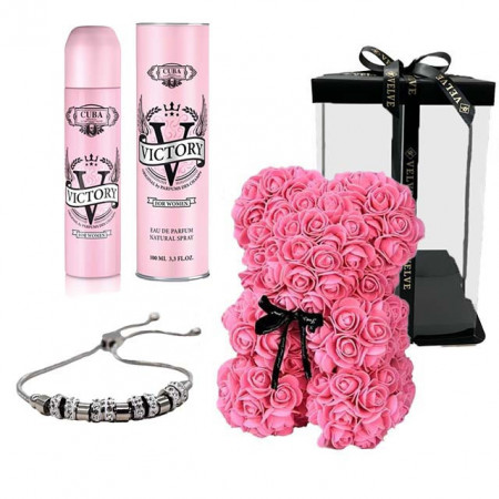 Set cadou fete, Ursulet floral roz din spuma 25 cm, Parfum Cuba, Victorya, Femei 100ml si Bratara Pandy cu talismane