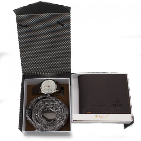 Set cadou pentru barbati JESOU COLLECTION, cutie cu ceas, portofel si curea 15x13 cm, Maro inchis