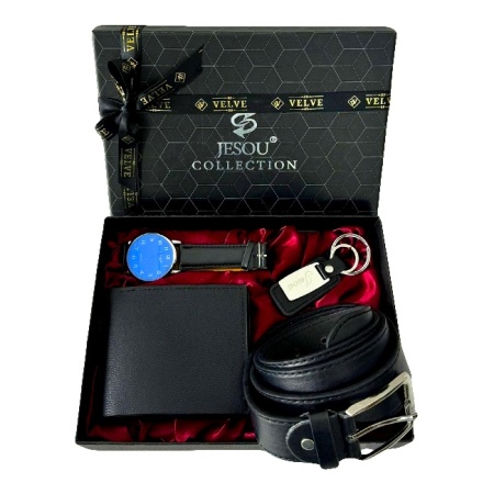 Set cadou pentru barbati JESOU COLLECTION, cutie cu portofel, ceas, curea din piele ecologica si breloc, 24x18x4, Negru