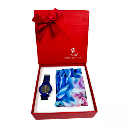 Set cadou pentru femei JESOU COLLECTION, cutie cu doua articole practice, ceas dama si esarfa, 16x16cm, Albastru