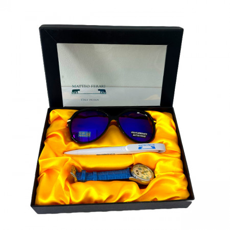 Set cadou pentru femei MATTEO FERARI, cutie cu trei articole practice, ceas dama, ochelari de soare si pix 20.5x15cm, Bleu
