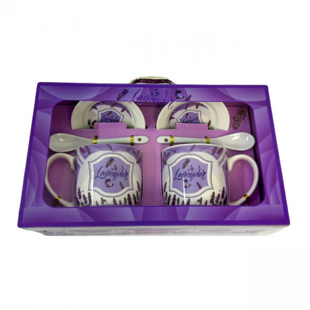 Set elegant ceramic, Love, cu doua cani imprimate, 300ml, doua lingurite ceramice si farfurii asortate, in cutie eleganta, Mov