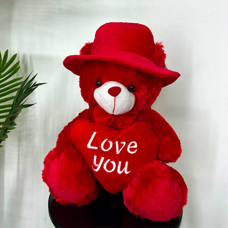 Ursulet de plus cu palarie Sparkle, cu inimioara si mesaj de iubire, Inaltime 40 cm, Rosu