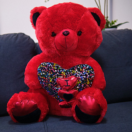 Ursulet de plus Unicorn Heart, cu inima multicoloră, înălțime 50 cm, Rosu